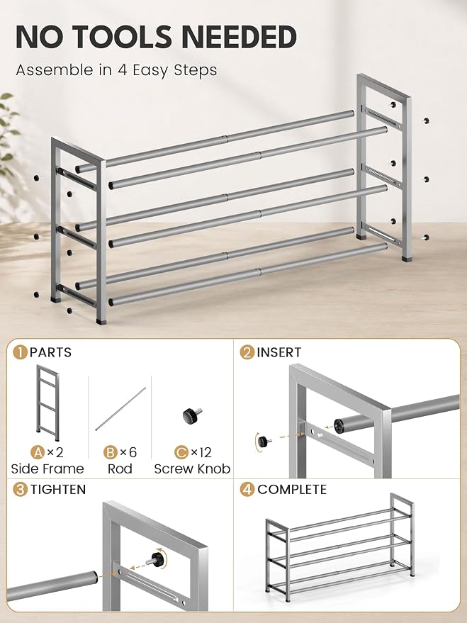 Bumusty 3 Tier Expandable Shoe Rack for Closet, Light Grey | 18"-33" Adjustable Shoe Rack for Entryway, Small Shoe Organizer for Dorm, Front Door, Sturdy Metal