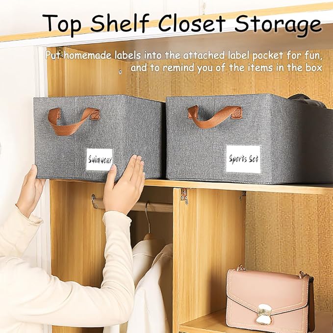 AARAINBOW Linen Closet Organizer Storage Bin with Steel Frame, Stackable Fabric Jeans Baskets for Shelves, 4 Packs Foldable Wardrobe Clothes Box for Sweater Pants Towel Shirt Storage, 23L Gray