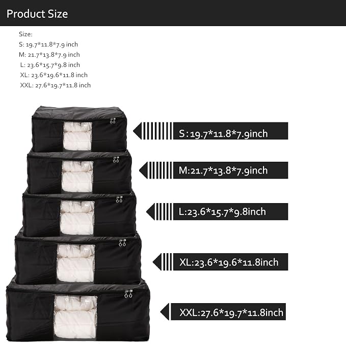 Comforter Storage Bags Pack of 2,Pillow Beddings/Blanket Clothes Organizer Storage Containers with Zippers,Breathable and Moistureproof(Black,2pcs)
