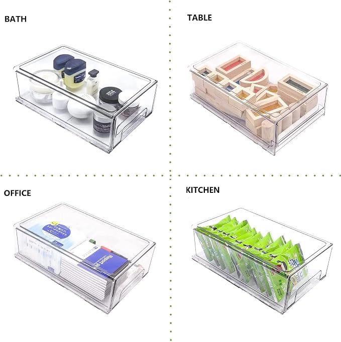2 Pack Stackable Refrigerator Drawers Pull Out Bins Clear Fridge Drawer Organizer Food Storage Containers Plastic Veggie Fruit Produce Saver for Pantry Kitchen Freezer(M)