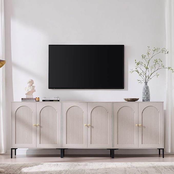 IFGET 92.63"W Modern Arch Sideboard Buffet Cabinet with Storage, Light Grey | Fluted Arched Sideboard Cabinet w/Adjustable Shelves, Wood Modular Kitchen Cabinet for Dining& Living Room, Kitchen, Entryway