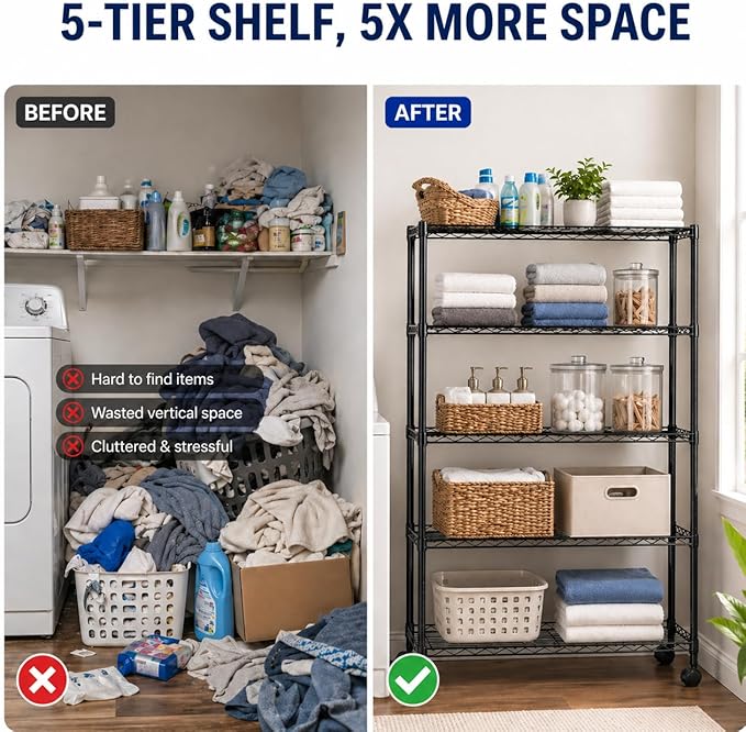 Simple Deluxe 5-Tier Heavy Duty Storage Shelving Unit, 1250 Lbs Loading Capacity, 29.92" W x 13.98" D x 61.02" H, Black