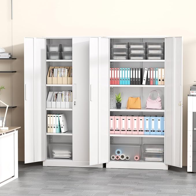 Greenvelly White Metal Storage Cabinet for Garage, 72” Steel Locking Cabinet with Doors and 4 Shelves, Tall Tool Cabinets for Garage Storage Systems Lockable File Cabinet for Home Office, Classroom