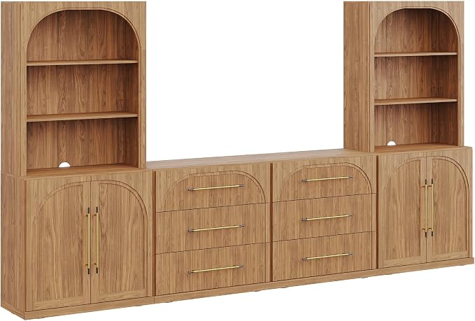 BELLEZE 6-Piece Modular TV Stand Set - 2 Double-Arc Wood Door Sideboards, 2 Sideboards with Drawers, and 2 Hutch Cabinets, Classic Modern Media Console with Adjustable Shelves for Living Room(Camel)