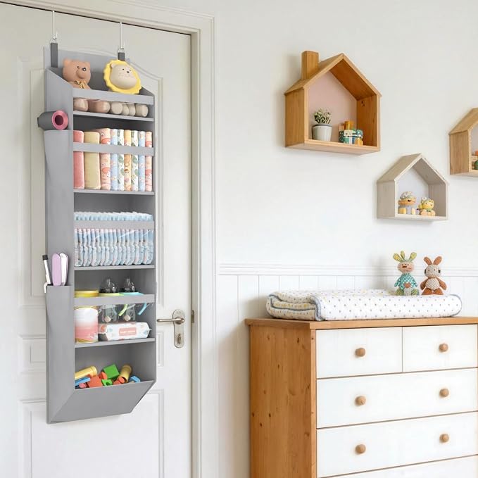 Lifewit 1 Pack Over the Door Organizer, Clear Window Hanging Storage with 4 Side Pockets, Anti Tilt 40 lbs Load Behind Door for Pantry, Nursery, Bathroom, Bedroom, Dorm, 5 Section, Gray