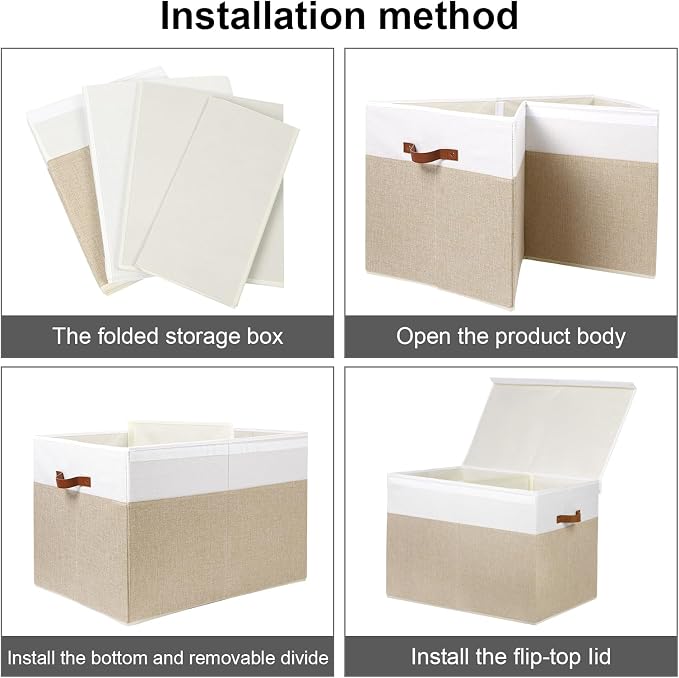 Large Toy Storage Box with Lid, Toy Chest Bin Boxes Basket with Dividers | Sturdy Toy Organizer Bin for Kids, Boys, Girls, Nursery, Living Room, Bedroom, Playroom 26"x17" x17"(Beige and White)