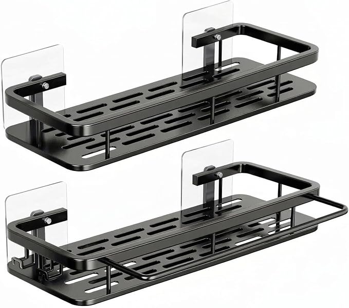 EVALAND Self Adhesive Shower Caddy Organizer 2-Pack No-Drill Storage | Hooks and Rod for Towels, Shower Shelves for Inside Shower, Bathtub Shelf, Rustproof, Rack, Easy Installation, Sturdy