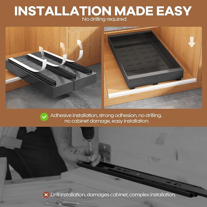 Seinloes 4 Pack Expandable Width (9"-14.1") Pull Out Cabinet Organizer 21" Deep with Raising Pad for Framed Cabinets, Upgrade 3 Slide Rails Slide Out Drawers, Roll Out Shelves Adhesive, Black