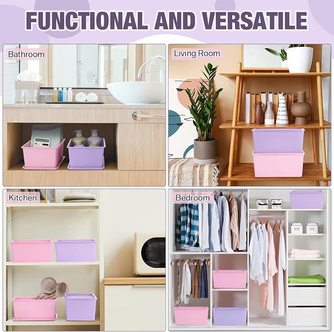 6 Pcs Storage Bins with Lids Small Plastic Storage Containers Stackable Storing Baskets Box Cute Organizer Bins for Organizing Shelves (Pink,Purple,Orange)