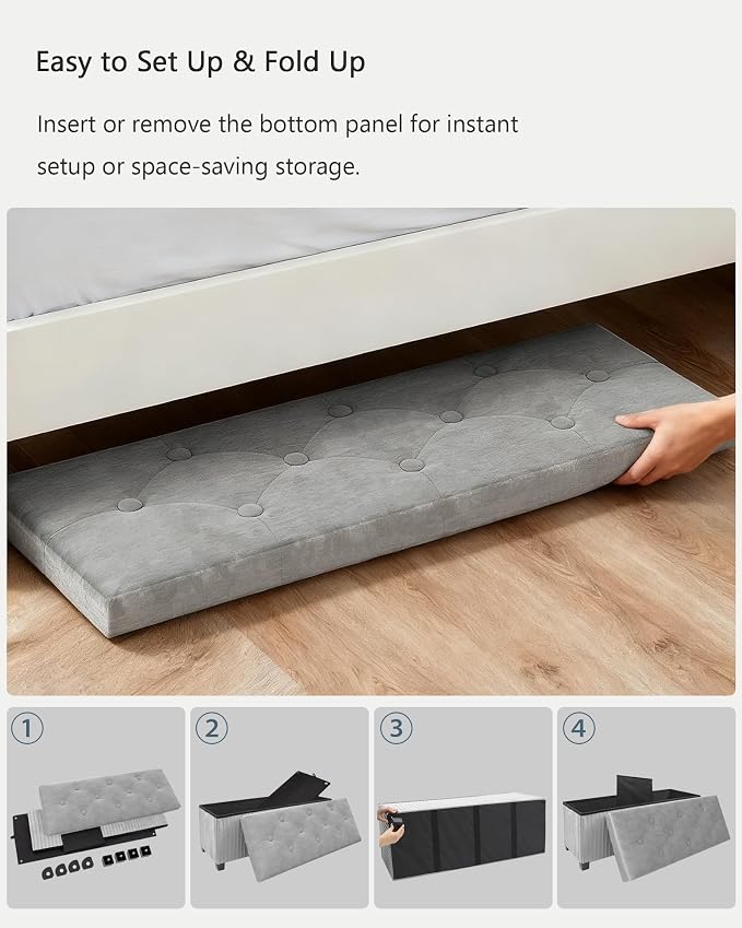 LITZFUR 43 Inches Storage Ottoman Bench, Velvet Foot Rest Stool, Grey | Folding Ottoman with Legs, End of Bed Bench, Storage Chest for Living Room, Bedroom