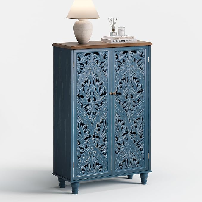 JOINICE 47" Tall Accent Cabinet with Carved Doors & Storage for Living Room | Vertical Storage for Dining Room,Bedroom, Carved Floral Design, Walnut Finish Top, Farmhouse/Rustic Style, Adjustable Shelves
