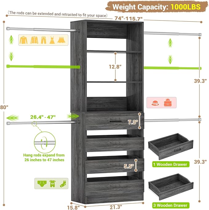 Aheaplus Closet System, 4-9 Ft Closet Organizer with 4 Wooden Drawers, Wood Closet Organizer System with Tower, Walk-in Closet Organizer Wardrobe Clothes Rack with 4 Hanging Rods, Black Oak