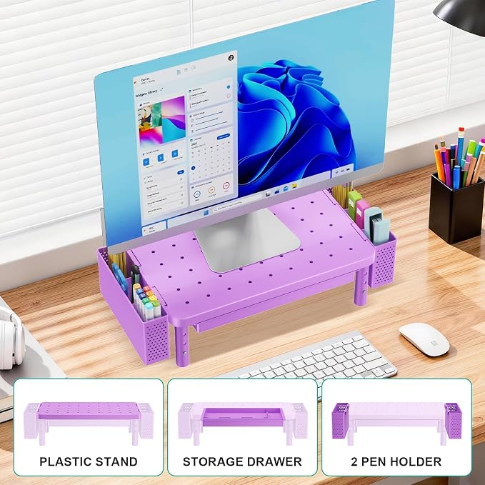 WALI Computer Monitor Stand with Storage, Desk Organizer with Drawer and Pen Holder, Desk Monitor Riser 3 Height Adjustable, Laptop Riser for Laptop, Printer (PTT003-V), 1 Pack, Violet