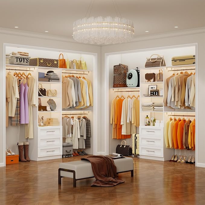 Closet System with 6 Wood Drawers, 6-12FT Closet Organizer System with Cuttable Shelves for Walk in Closet with 6 Expandable Hanging Rods, Heavy Duty Built-in Closet for Bedroom, White