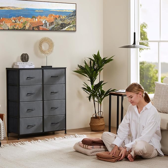 OLIXIS 8 Drawer Storage Dresser for Bedroom, Closet Organizers Units | Fabric Dresser with Wooden Top, Chest of Drawers Clothes Storage, Tower Cabinet, TV Stand Furniture, Grey