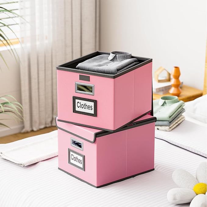 File Organizer Box with Lids, Collapsible File Folder Organizer | File Box with Plastic Slides for Document, Filing Bin for Letter Size Hanging File Folders (2 Pack, Pink, Leather)