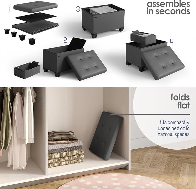 Storage Ottoman Cube with Small Bin, 16-in Square Ottoman with Storage for Living Room and Bedroom, Small Ottomans Foot Rest, Leather Foot Stools Ottomans Max 330lbs, Grey