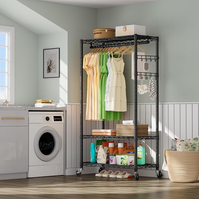 Golpart Heavy Duty Rolling Clothes Rack Wheels Portable Metal Garment Rack | Wardrobe Adjustable Wire Shelving Metal Double Clothing Racks for Hanging Clothes Organizer Closet Laundry Room Organization