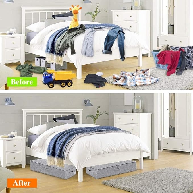 punemi Under Bed Storage, 3 Pack Underbed Storage Container Bags With Lid, Foldable Sturdy Clothes Storage Drawer Organizer W/ 3 Handles, Ultra Thick Fabric Blanket Shoe Storage Box, Grey | Rigid Sides & Bottom, 50L Large Capacity for Evening Gowns & H...