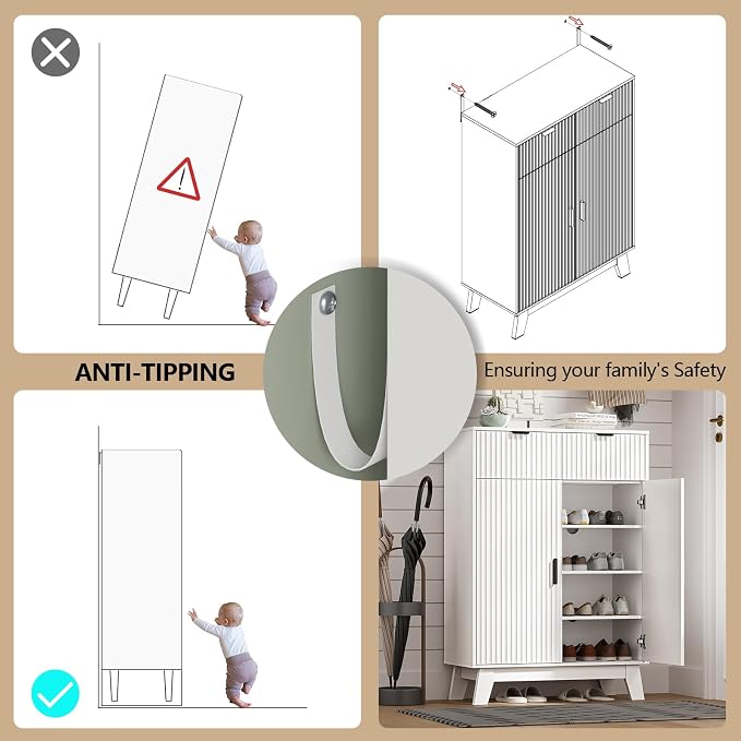 HUANLEGO Shoe Cabinet Storage for Entryway with Doors, White | 4 Tier Fluted Shoe Organizer with 2 Drawers, Shoe Storage with Adjustable Shelves, Freestanding Hidden Shoe Rack for Entryway