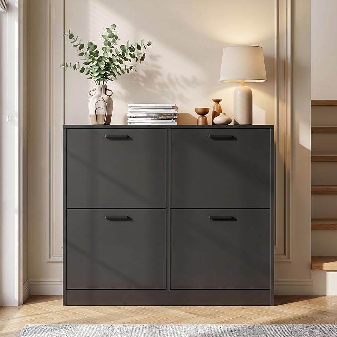 Shoe Cabinet with 4 Flip Drawers, Narrow Freestanding Shoe Organizer, Hidden Slim Freestanding Shoe Storage Cabinet for Entryway,Hallway, Living Room, Black