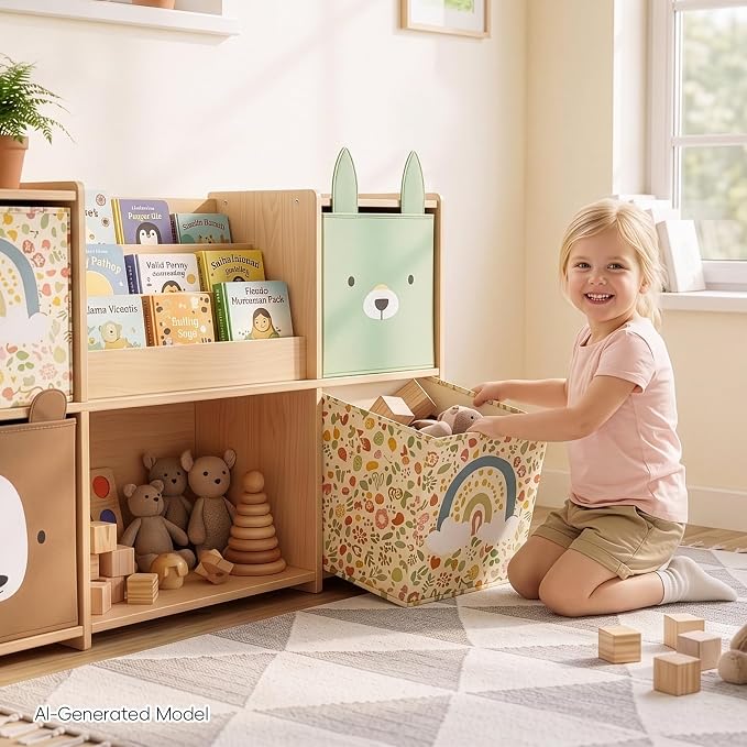 OOOK 4 Pack Foldable Fabric Storage Bins, 11.4" x 10.6" x 11.8" | Storage Box and Closet Organizers for Bedroom, Nursery, Shelves & Cube Storage Shelving Units (Bear, Rabbit, Rainbow Pattern)