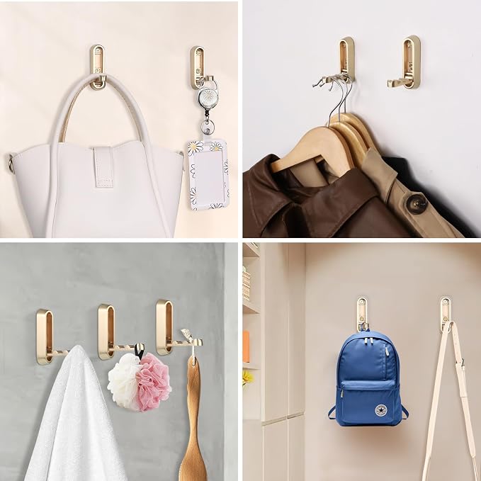Folding Coat Hooks, Gold, 6 Pack, Wall Hook, Hanging Towels Clothes Bag | 90° Foldable Design, Foldable Hook Wall Mounted, Includes Screws And Anchors, For Hanging Coats Towels Hat Bags Keys