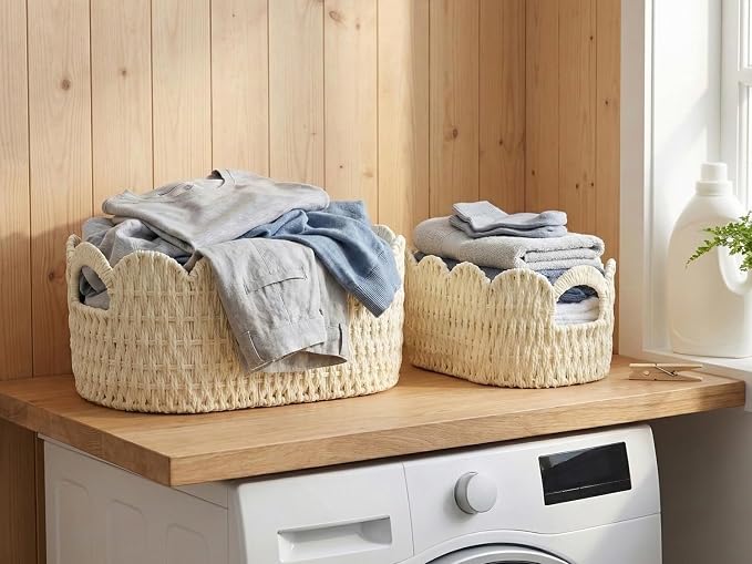 Coeusy Paper Rope Scalloped Basket Set of 2,Hand-woven Storage Baskets for Shelves,Nursery,Books,Toys,Cute Boho Decor Baskets for Organizing,White