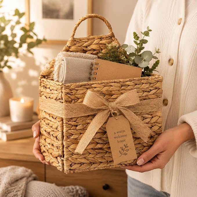 Hanging Wall Basket - Flat Back Woven Storage Organizer for Mail, Books, and Magazines - Decorative Wall Hanging Basket Decor for Front Door, Entryway, and Farmhouse Home Decor, Beige