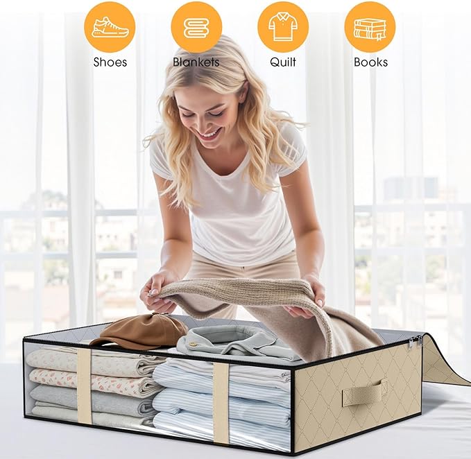 StorageRight Under Bed Storage Bags, 3 Pack, 40L, Beige | Breathable Non-Woven Fabric with a Clear Window and Zippered Top for Clothes, Comforters, Blankets and Seasonal Storage