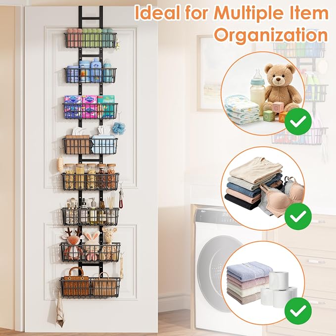 Hongtamoya 8 Tier Over The Door Organizer, Adjustable Hanging Door Organizer with 8 Wire Baskets 6 Hooks, Behind The Door Storage for Pantry Closet Bedroom Bathroom Cabinet Kitchen Laundry Room, Black