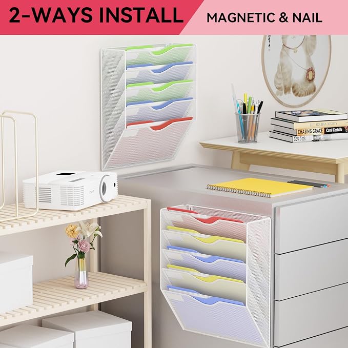 5-Tier Magnetic File Holder, No Drilling Wall File Organizer, File Folder Bins, Mail & Magazine Rack, Magnetic Paper Document Holder for Refrigerator File Cabinets Whiteboard, White