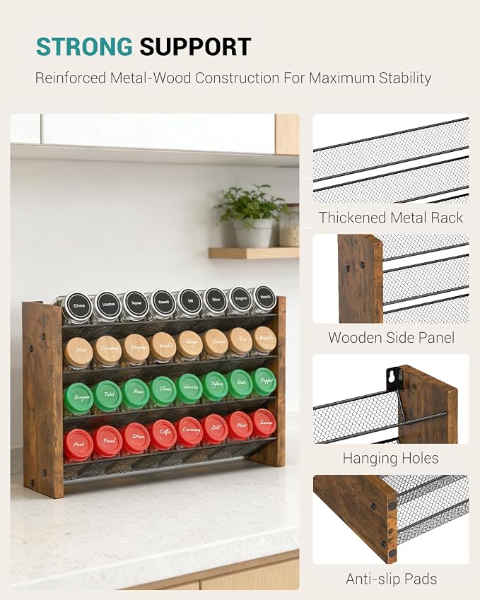 NESAPTO Spice Rack Organizer for Cabinet, Wood 4-Tier Vertical Seasoning Organizer, Wall Mount or Countertop Spice Shelf, Holds 32 Jars (No Jars Included), 15.7" W x 10.3" H