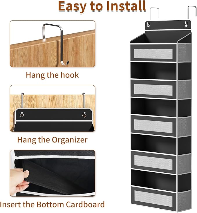 AQOOA 5-Tier Over The Door Organizer 44 lbs Capacity fit Standard Doors | Over the Door Storage 5 Large10 Side Pockets Behind Door Storage, Hanging Shelf for Closet Bathroom Bedroom Nursery, Black