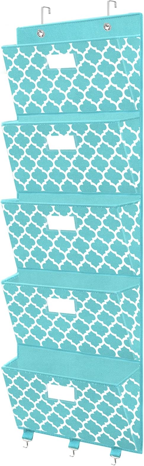 Over the Door File Organizer, Hanging File Folders, Wall Organizers and Storage for Mail, Magazine, Notebooks, Planners, Office, Classroom, 5 Extra Large Pockets, 50.39” Tall (Blue Lantern Pattern)