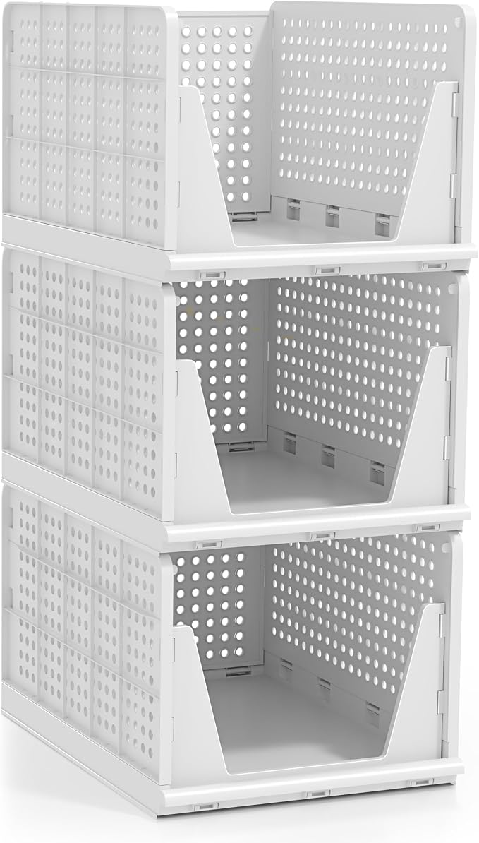 Sorbus 3 Pack Folding Closet Shelf Organizer for Clothes - Versatile Stackable Storage Baskets for Closet, Bathroom, Kitchen and Garage - Easy Access Open Front Design - Plastic Organizer Shelves