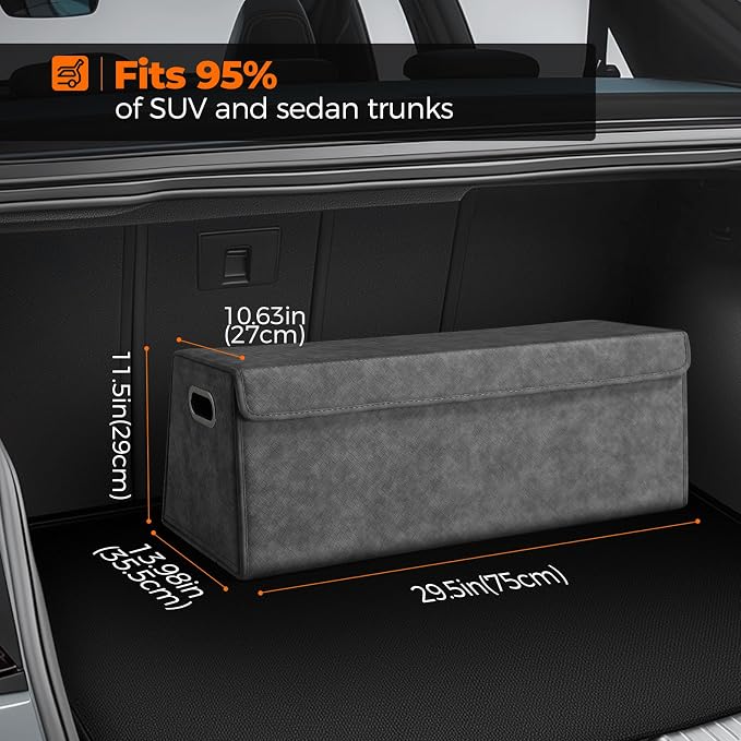 Fyzeoty Car Trunk Organizer for SUV and Sedan, Trapezoidal-Grey, 29.5 in | Tailored for Rear Seats, Silky Crosshatch Vegan Leather, XL, Magnetic Lid, Collapsible & Adjustable, Water‑Dust Resist