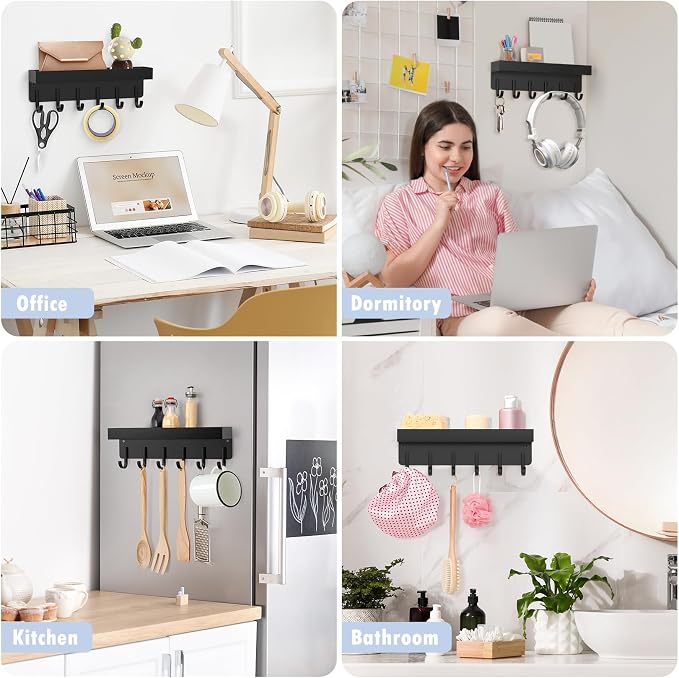 Magnetic Key Holder, Wall Mount Key Rack with Shelf, 9.65 in, Black | Metal Material, Small Size, 6 Metal Hooks, 2 Installation Ways, for Fridge, Entryway, Kitchen, Bathroom, Garage, RV, Office