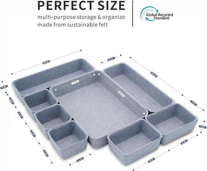 Welaxy Minimalist 8pc Felt Desk Drawer Organizer Glacier Gray Bins