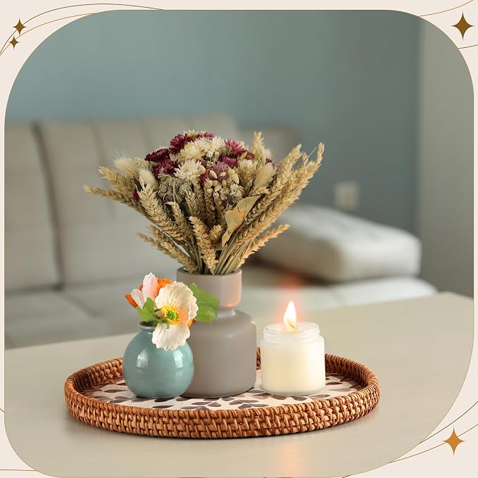 3 Pcs Round Rattan Tray with Mother of Pearl Inlay Wicker Serving Tray with Wooden Base Boho Decorative Wicker Basket for Table Decor Bathroom Candle Perfume(Vintage Style)