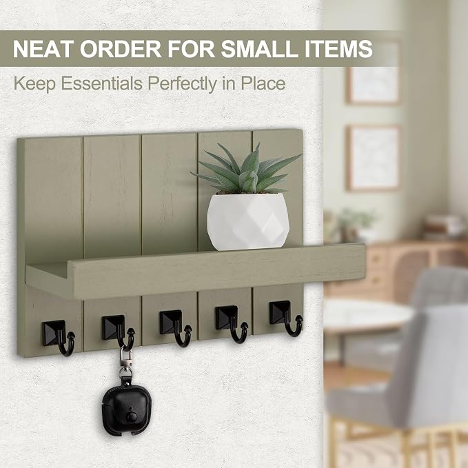 Key Holder for Wall, Decorative Key Holder with Shelf, Key and Mail Holder Wall Mount, Farmhouse Decor with 5 Key Hooks for Keys, Coats, ect.