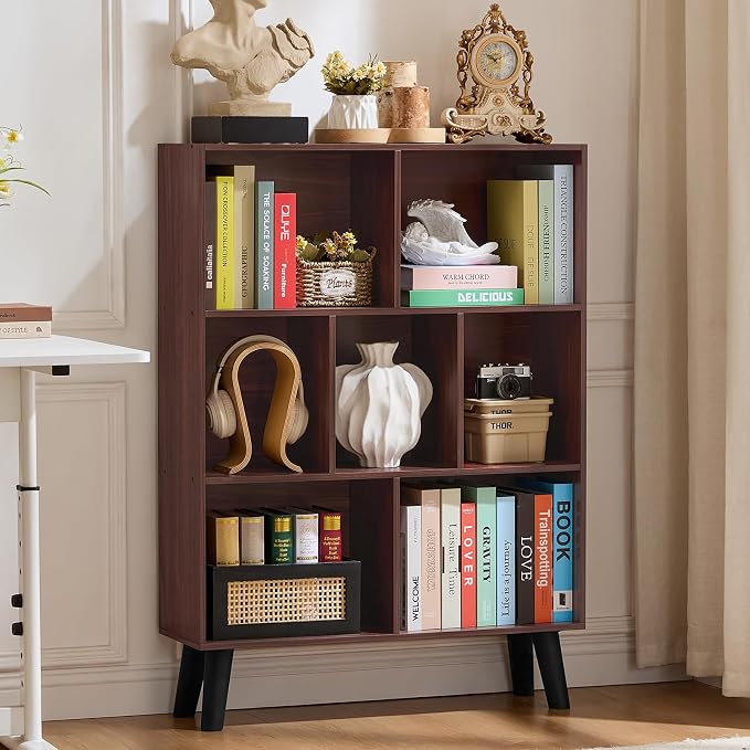 LEYAOYAO Cube Bookshelf, Mid-Century Modern Book Shelf with Legs, Walnut | 3 Tier Bookcase, Rustic Wood Bookshelves Freestanding Small Storage Organizer, Open Shelves for Bedroom, Living Room, Office