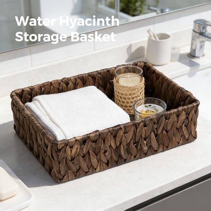 Wicker Storage Baskets Set of 3, Large and Small Pantry Baskets Set, Brown | Handwoven Water Hyacinth Baskets for Organizing, Decorative Natural Woven Baskets 3Pack for Toilet Shelves, Boho Decor