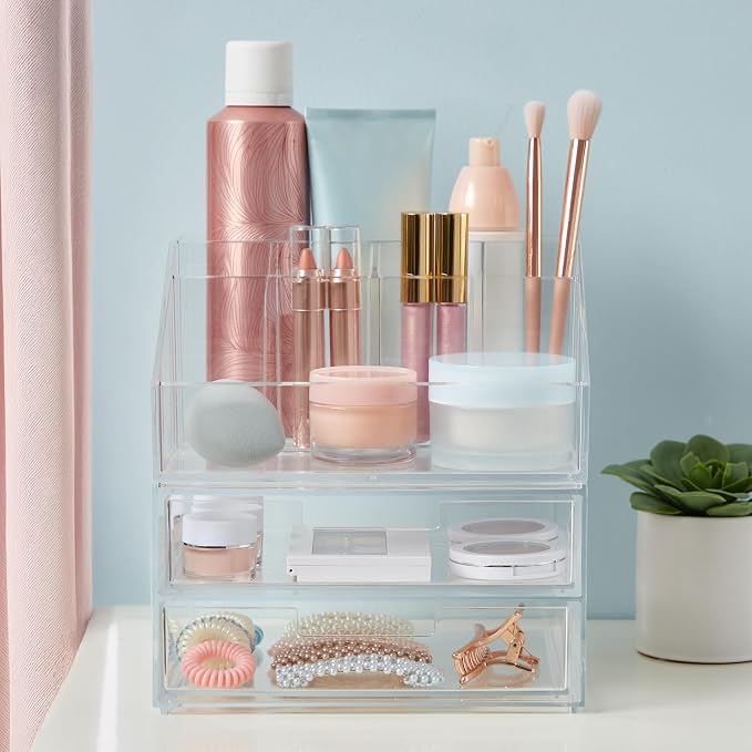 STORi Stackable Desk and Drawer Organizer, Clear Pen Pencil Makeup Brush Holder for Desktops and Vanities, 6 Compartment Caddy with 2 Wide Drawers (Made in USA)