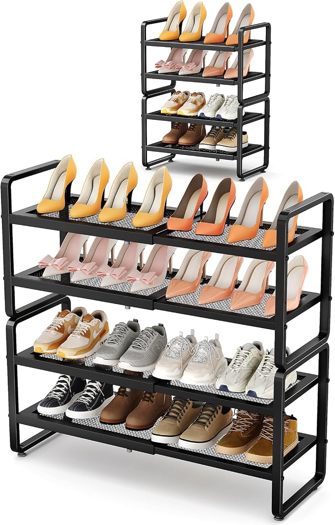 SNTD Shoe Rack - Expandable Shoe Organizer for Closet, Adjustable Metal Shoe Shelf Storage, Stackable Long Shoe Stand Holder for Garage, Entryway, Door Entrance (Black, 4-Tier)
