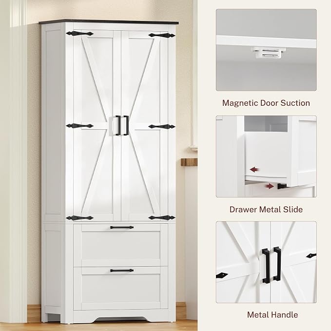 TEENFON 66.1" H Storage Cabinet with 2 Drawers, Farmhouse Kitchen Pantry Cabinet with 2 Doors & Adjustable Shelf, Bathroom Cabinet, for Living Room, Kitchen, Bathroom, White