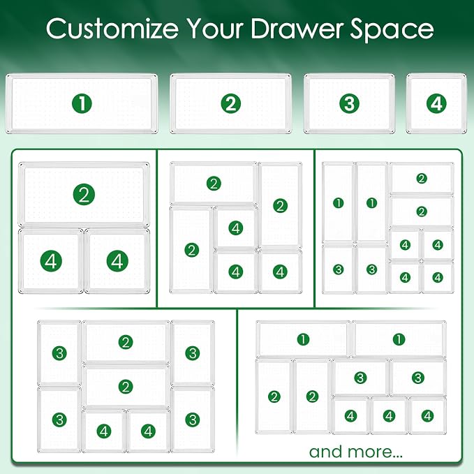 Drawer Organizer Set, Acrylic Non Slip Non Cracking Kitchen Drawer Storage Tray Large Size Divider, Multifunctional Storage for Cosmetics, Bathroom, Tools, Kitchen and Office (8 PACK)