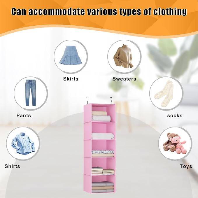 Hanging Closet Organizer 5-Shelf, Oxford Fabric Wardrobe Storage, Pink | Easy-mount foldable design holds clothes, handbags, shoes & accessories; washable Oxford fabric, sturdy and space-saving.
