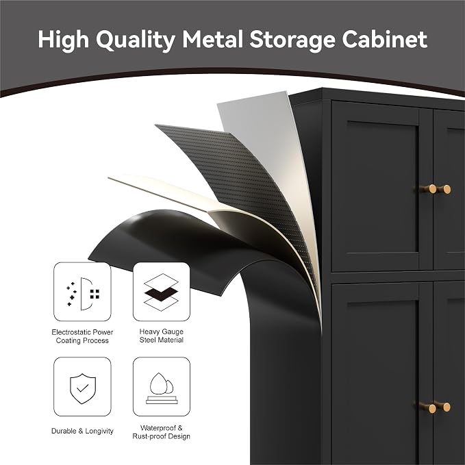 Bevivog Black Metal Locker Cabinet with 4 Doors, Metal Sideboard Cabinet Coffee Bar Storage Accent Cabinets for Home Office, Kitchen Living Room, Hallway, Entryway