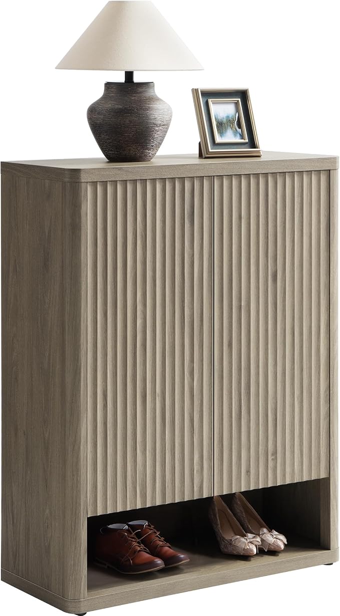 SICOTAS Shoe Cabinet 44 inch Tall Fluted Shoe Cabinet with Doors & 4 Shelves Wooden Large Hidden Shoe Storage Organizer Modern Free Standing 6-Tier Cabinet for Entryway Living Room Closet